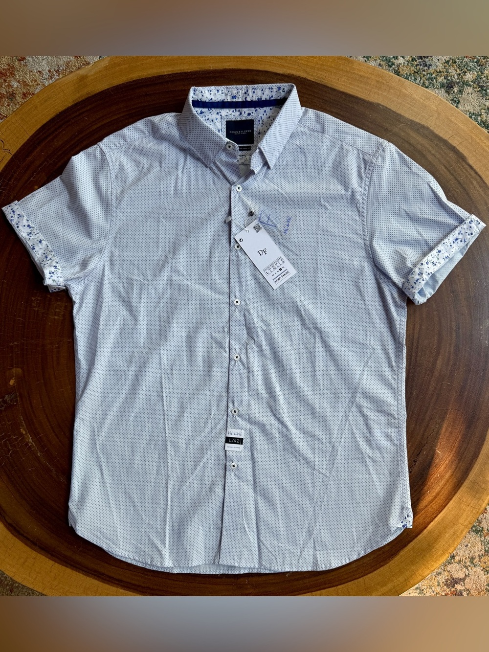 NWT Denim & Flower Light Blue Micro-Print Short-Sleeve Button-Down Shirt